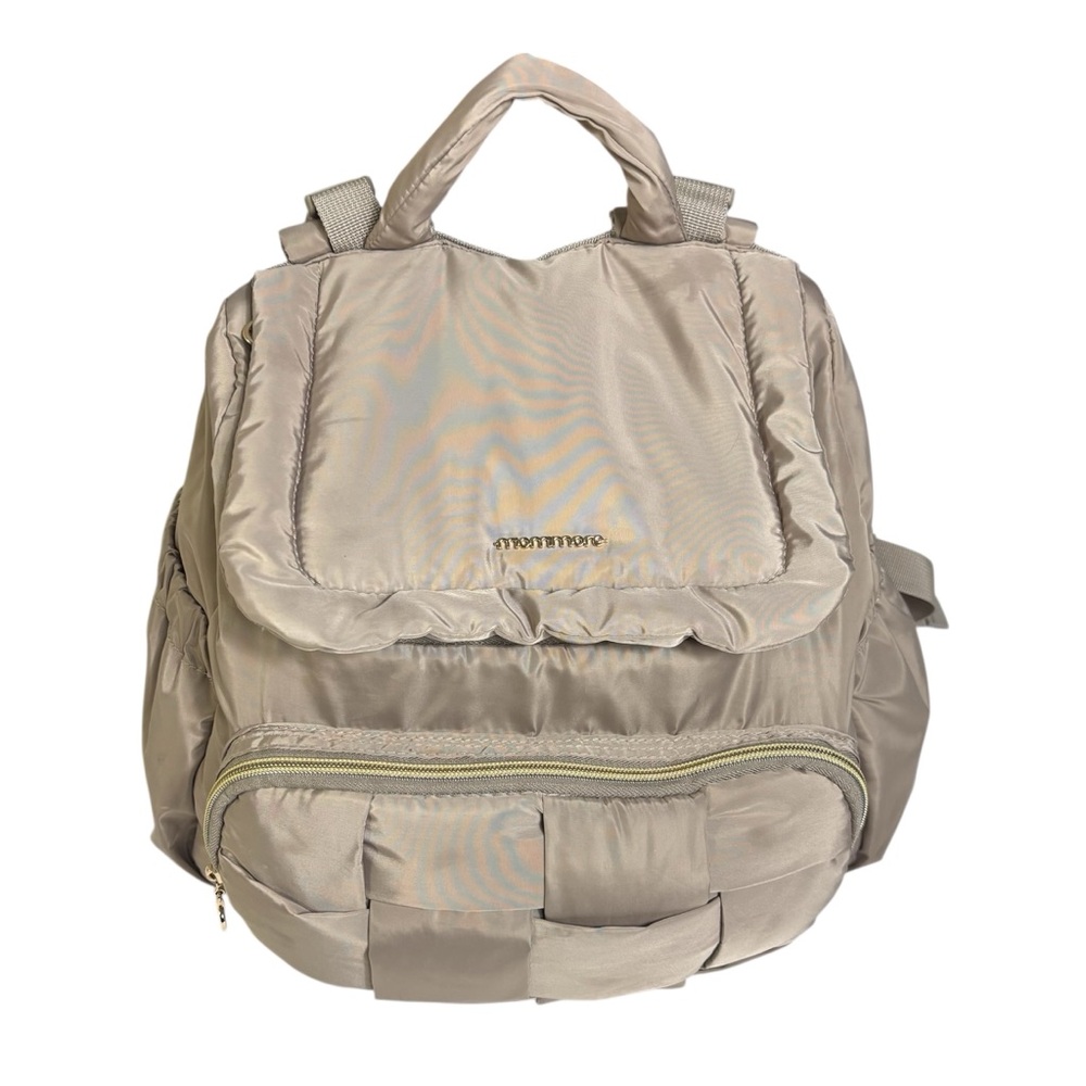 Mommore tan basket weave nylon diaper bag backpack gold hardware